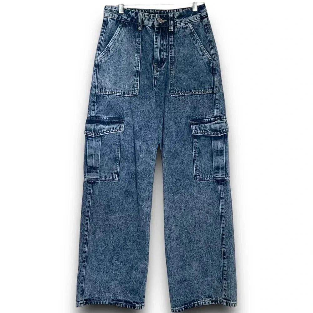 SHEIN Cargo Jeans Women’s Sz XS/2 High Waisted Wide Leg Acid Wash Y2K Denim